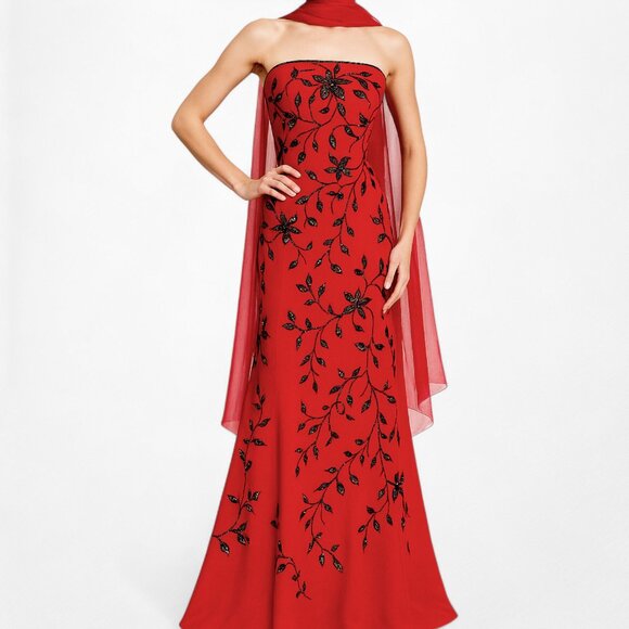 Vintage Y2K Red Black Floral Beaded Fit Flared Maxi Prom Dress Size L/XL - Picture 2 of 10